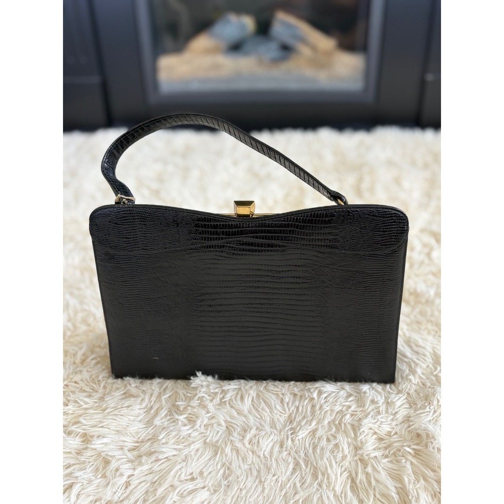 Vintage 50s Style‎ Top Handle Handbag Black Lizard Print Purse Gold Hardware
